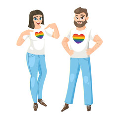 Woman and Man wearing t-shirt with hearts LGBT flag colors. Vector illustration