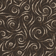 Stock seamless vector pattern of beige flowing lines with torn edges with brown strokes on a brown background.
