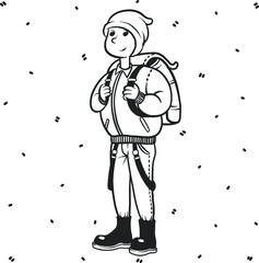 Young man in a puffer jacket. Isolated person illustration. Hand-drawn vector people. Autumn outfit illustration. Modern man illustration for web and print. Person is isolated.