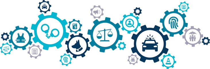 police work vector illustration. Concept with connected icons related to law enforcement, security, protection, crime fighting.