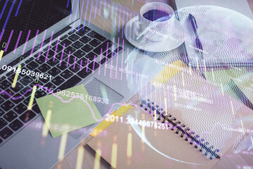 Multi exposure of forex graph drawing and desktop with coffee and items on table background. Concept of financial market trading