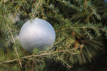 The festive background with a blue Christmas ball. Winter time.