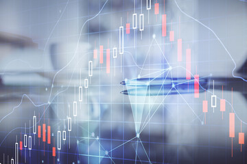 Double exposure of forex chart over coffee cup background in office. Concept of financial analysis and success.