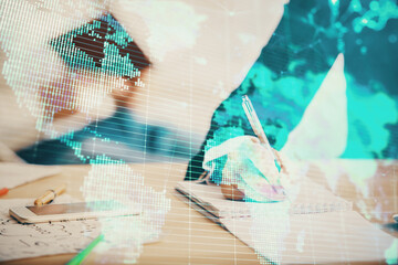 Double exposure of business theme drawing over people taking notes background. Concept of financial world