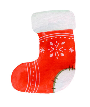 Clipart red christmas sock for gifts with ornament. New Year's, children's illustration in watercolor on a white background.