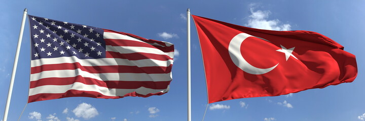 Flying flags of the USA and Turkey on sky background, 3d rendering