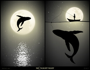 Whale jumping above water on moonlight night. Man silhouette with fishing rod and big whale under water. Lonely sea animal in nature. Full moon in starry sky. Black and white vector illustration set © arvitalya
