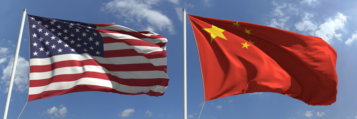 Waving flags of the USA and China on flagpoles, 3d rendering