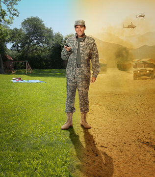 Hispanic soldier standing at home and in war zone