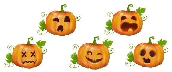 A set of 5 cute Halloween Pumpkin with green leaves shows 5 emotion face. Digital hand draw and paint picture, isolate image.