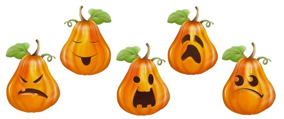 A set of 5 big and tall Halloween Pumpkin with five emotion face, Digital art, isolate image.