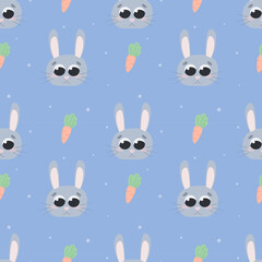 Childish pattern with bunny head and carrots on blue background, cute baby shower illustration for textile, wrapping paper, greeting cards and wallpaper