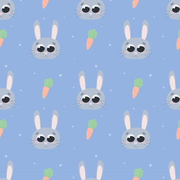 Childish pattern with bunny head and carrots on blue background, cute baby shower illustration for textile, wrapping paper, greeting cards and wallpaper