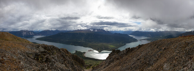Panoramic View Canadian Nature on top of Nares Mountain during fall season. Located in Carcross, near Whitehorse, Yukon, Canada. Background Panorama