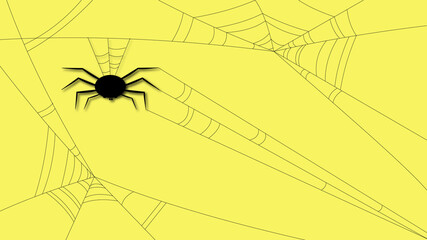 Spider hanging on cobweb yellow background