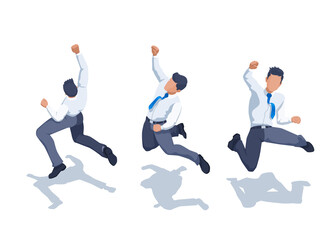 Fototapeta na wymiar isometric vector image on a white background, a man in business clothes joyfully jumps up with his fist raised, jubilant man
