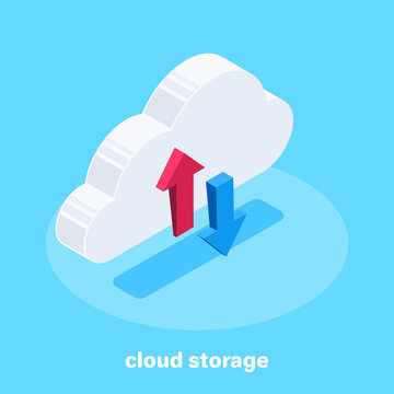 isometric vector image on blue background, cloud icon and up and down arrows, upload and download to cloud storage