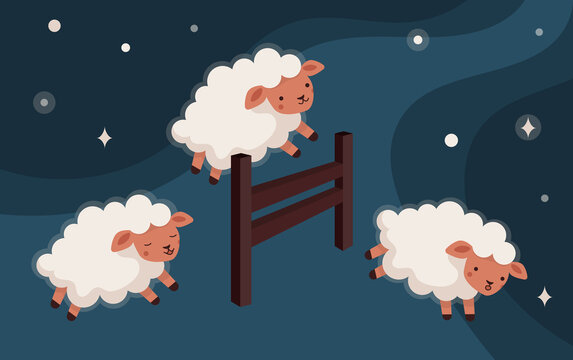 Sheep jump over the fence. Insomnia, counting of lambs to fall asleep. Sweet dreams. Starry sky. Flat vector illustration in cartoon style.