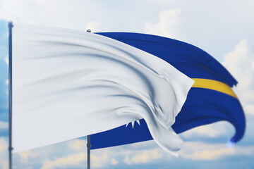 White flag on flagpole waving in the wind and flag of Nauru. Closeup view, 3D illustration.