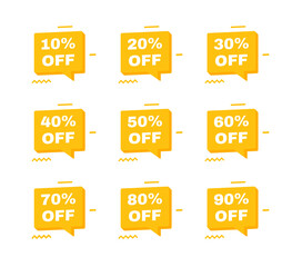 Sale tags badges. 10, 20, 30, 40, 50, 60, 70, 80 and 90 percent off discount. Banners template design for business, promotion, sale and advertising. Vector illustration