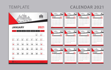 Calendar 2021 template, Set Desk Calendar design with Place for Photo and Company Logo. Wall calendar. Week Starts on Sunday. Set of 12 Months.