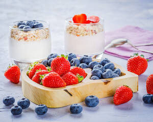 yogurt with muesli and fresh strawberry and blueberry