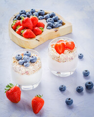 yogurt with muesli and fresh strawberry and blueberry
