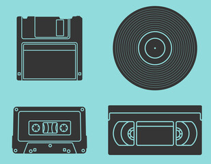 Outdated technologies in glyph style. Set of various icons.