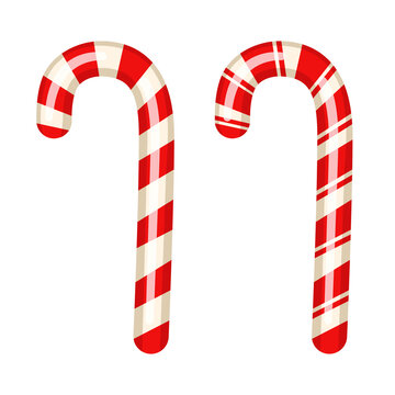 Red candy cane with stripes. Sweets isolated on a white background. Stock vector illustration. Illustration for the holiday Christmas and Halloween.