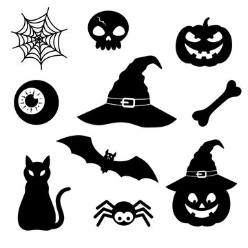 Set of objects silhouette for halloween: witch hat, spider, web, pumpkin, cat, bat, skull, eye. Black and white shapes isolated on white background. Stock vector illustration.