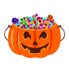 Orange pumpkin with candies and lollipops. Pumpkin with sweets isolated on a white background. Stock vector illustration. Illustration for the holiday Halloween.