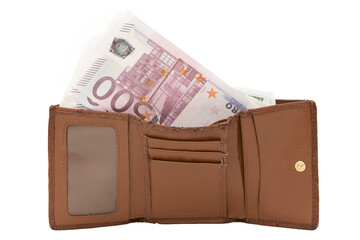 on a white background close-up of an old, brown shabby wallet with euro bills. Concept - storage, accumulation of funds. Horizontal photo