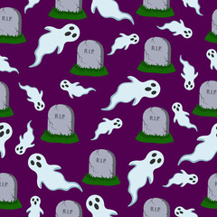 Halloween seamless pattern. Vector pattern with gravestones and ghosts on a purple background. For design of fabrics, packaging and wallpapers.