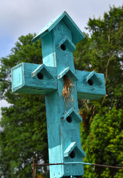 Cross Shaped Painted Wooden Birdhouse