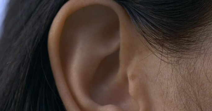 Close-up Female Ear. Outdoors Natural Lighting Morning Evening Time