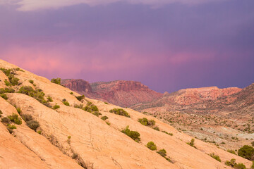 Landscape view of Arches National Park in Utah at sunset right after a thunderstorm (Utah).