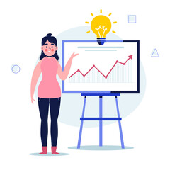 Young business woman presentation graph growing business concept. Flat design vector illustration