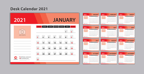 Set Desk Calendar 2021 template Vector, Week Start On Sunday, Planner, Stationery, Printing, advertisement, red background