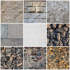 Set of stone wall textures. Old weathered rough masonry surfaces. Backgrounds collection for design.