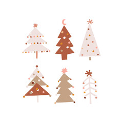 Obraz premium Festal Boho Christmas tree illustration set. Simple abstract geometric flat vector design. . Vector illustration