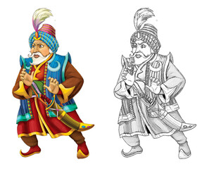 cartoon scene with arabian knight or prince with sword on white
