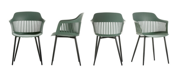 Set of trendy green chairs on white background