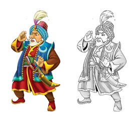 cartoon scene with arabian knight or prince with sword on white