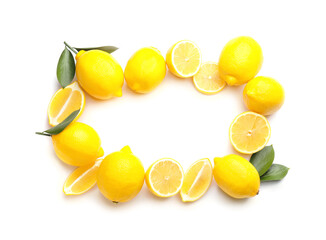 Frame made of ripe lemons on white background