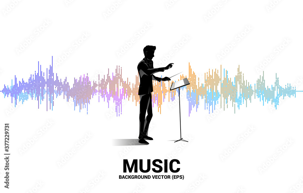 Poster vector silhouette of conductor standing with sound wave music equalizer background. concept backgrou