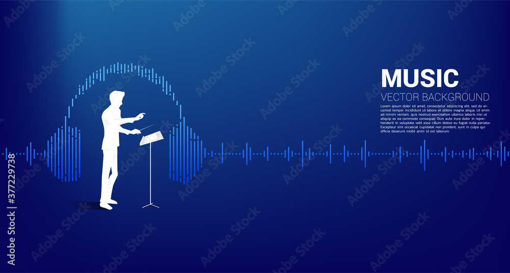 Poster vector silhouette of conductor standing with headphone music equalizer background. concept backgroun