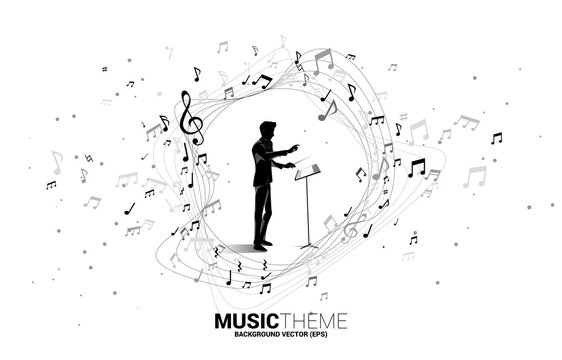 Vector silhouette of conductor standing with music melody note dancing flow . Concept background for classic music concert and recreation.