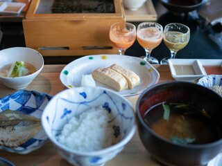 Morning typical Japanese breakfast served at restaurant