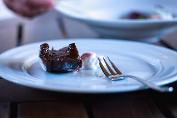 Delicious chocolate cake on plate. Horizontal image.