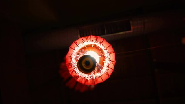 Red latern Chinese style decoration from bellow for Chinese new year festival in night time. China art culture concept.(Chinese language on red lantern means luck ,good health and be rich)